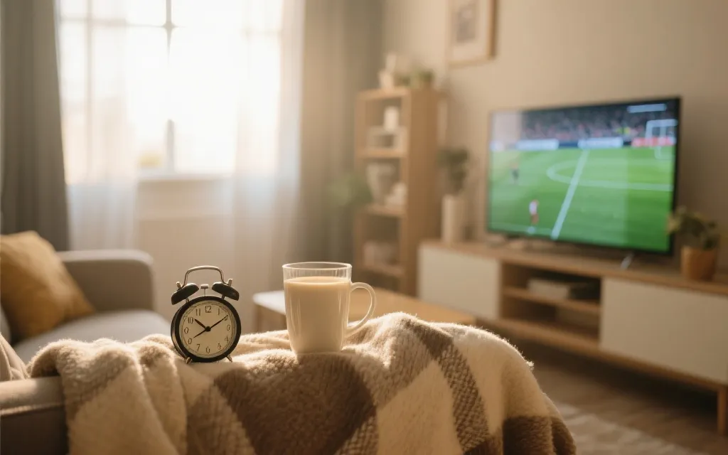 中国球迷在清晨闹钟旁看球的居家观赛场景